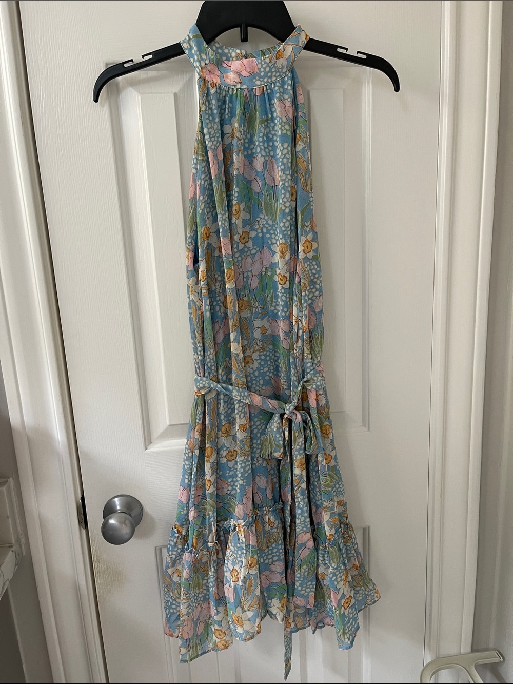 Millibon Blue Floral Halter Maxi dress with Pink and Yellow Accents